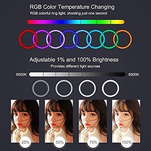 RGB Selfie Ring Light, LED Ringlight 3200-6500K with Tripod Stand & Cell Phone Holder for Live Stream/Make Up/YouTube/TikTok/Photography/Video Recording