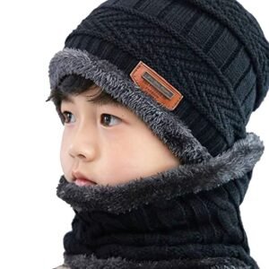 2Pcs Kids Boy's Winter Warm Knitted Cap with Fleece Scarf