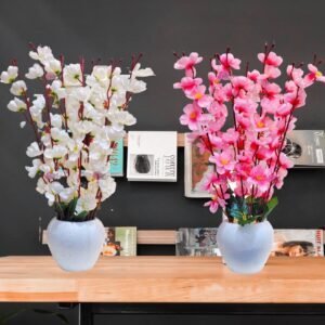 Artificial Flowers with Pot for Home Decoration, Office Decor Cherry Blossom Combo, white Light Pink, Pack of 2 Pieces