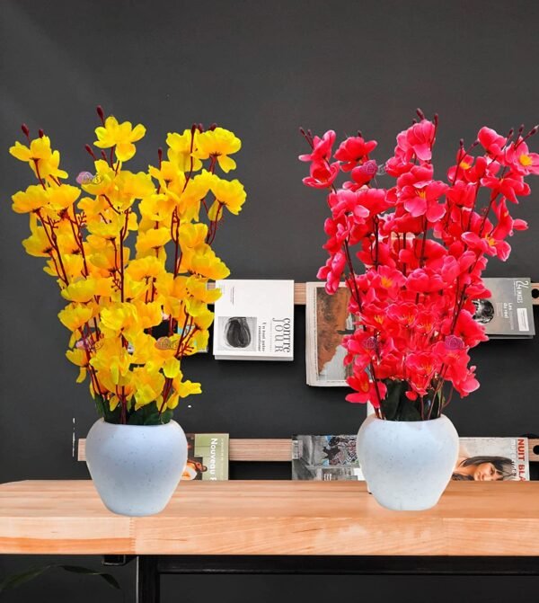 Artificial Flowers with Pot for Home Decoration, Office Decor Cherry Blossom Combo, pink yellow