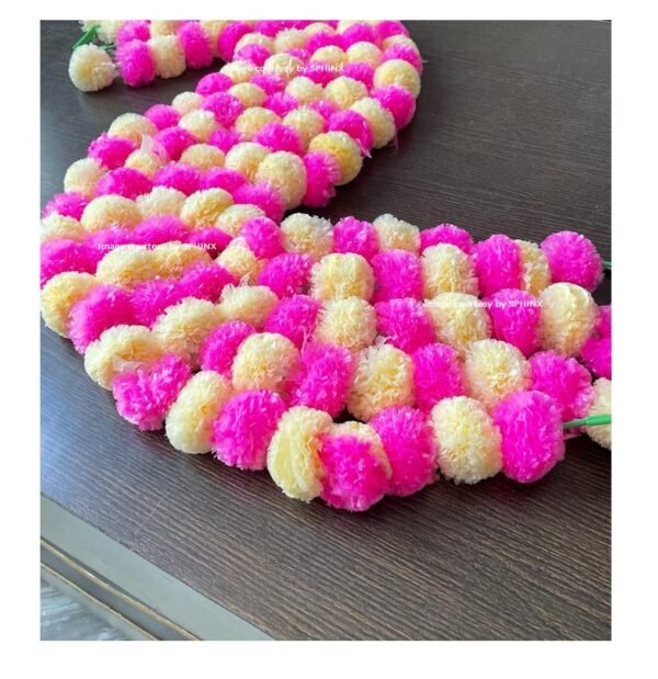 Marigold Fluffy Flowers Garlands for Decoration - (Cream and baby pink, 5 Pieces)