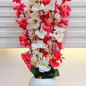 Artificial Flowers with Pot for Home Decoration, Office Decor Cherry Blossom Combo, maroon white