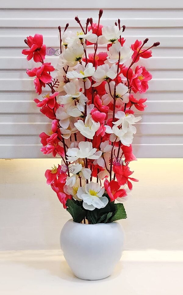 Artificial Flowers with Pot for Home Decoration, Office Decor Cherry Blossom Combo, maroon white