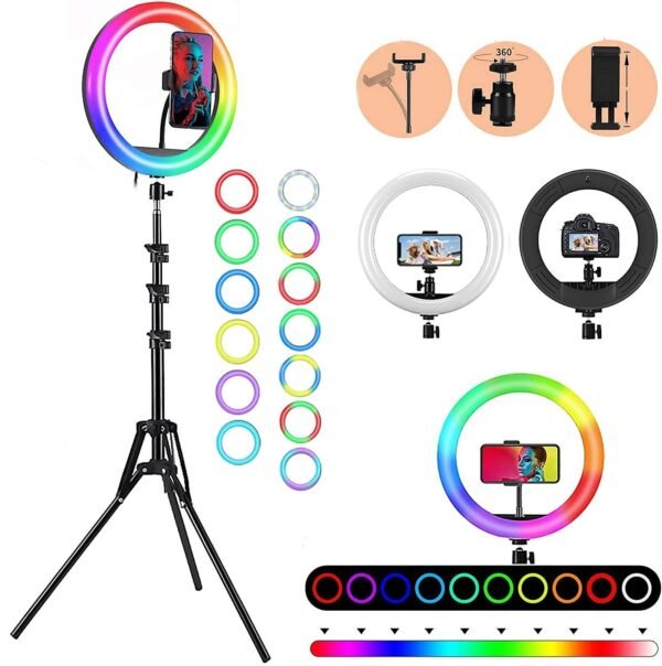 RGB Selfie Ring Light, LED Ringlight 3200-6500K with Tripod Stand & Cell Phone Holder for Live Stream/Make Up/YouTube/TikTok/Photography/Video Recording