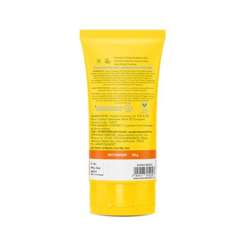 Mamaearth Vitamin C Daily Glow Sunscreen with Vitamin C & Turmeric for Sun Protection & Glow - 50 g | SPF 50 PA++++ | No White Cast | Lightweight & Non-Sticky | Brightens Skin | For All Skin Types  Migento.com Beauty